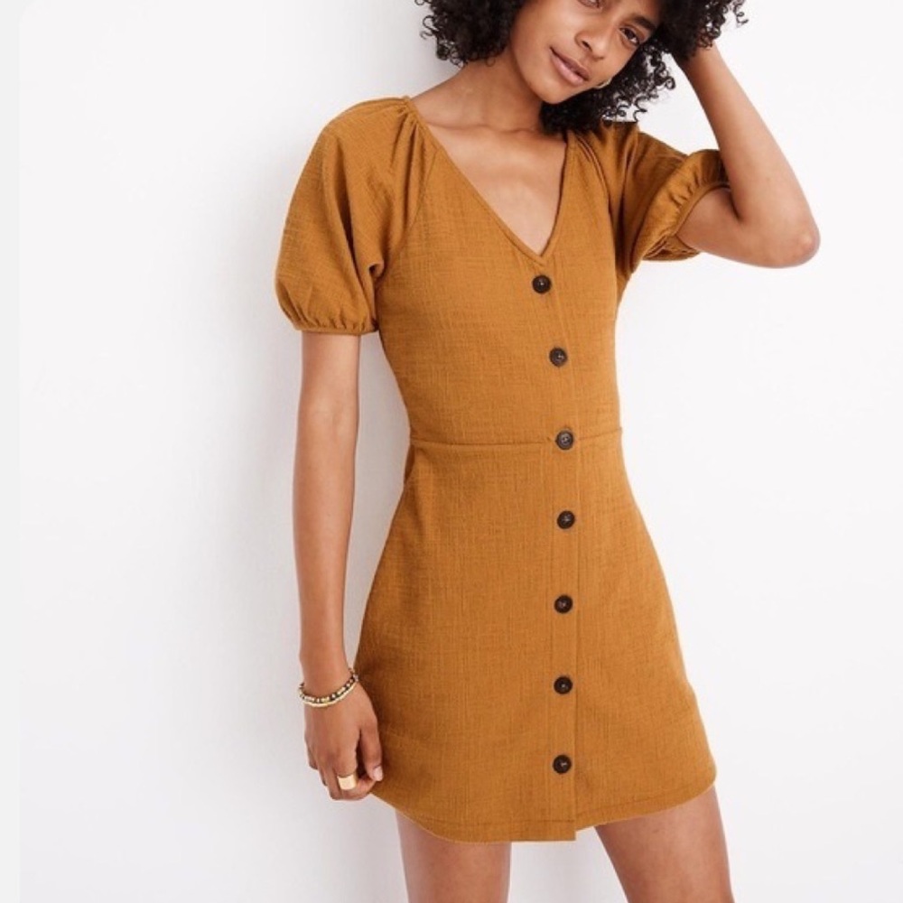 MADEWELL Blogger Fav Texture & Thread Puff-Sleeve Dress Mustard Yellow